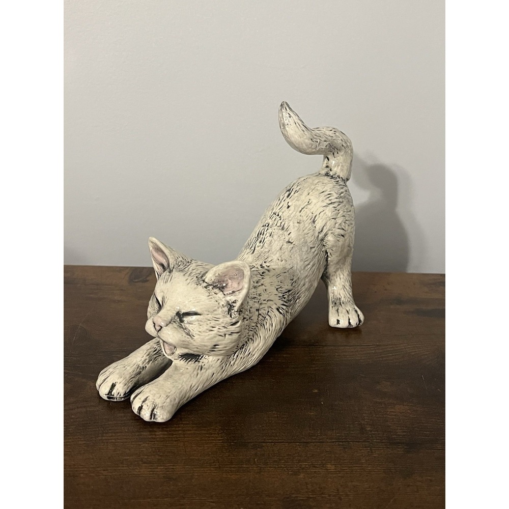 Stretching Yawning Ceramic Cat Figurine White Blackโ Shabby Farmhouse Decor 11"